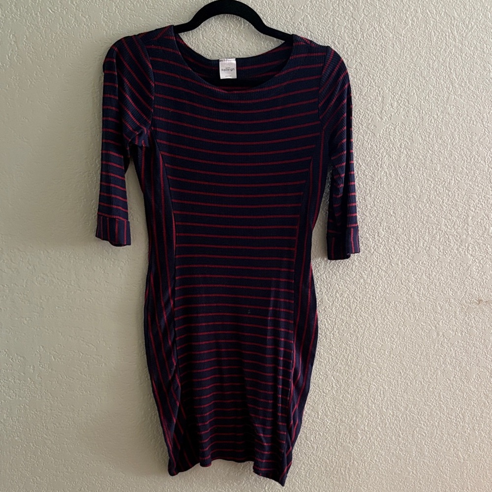 Kaileigh Navy and Red Striped 3/4 Sleeve Bodycon Dress